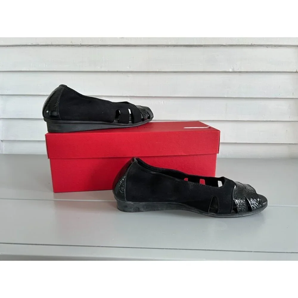 New Arche Womens Black Mix Leather Suede Cutout Ninova Peep Toe Flat EUR Size 37